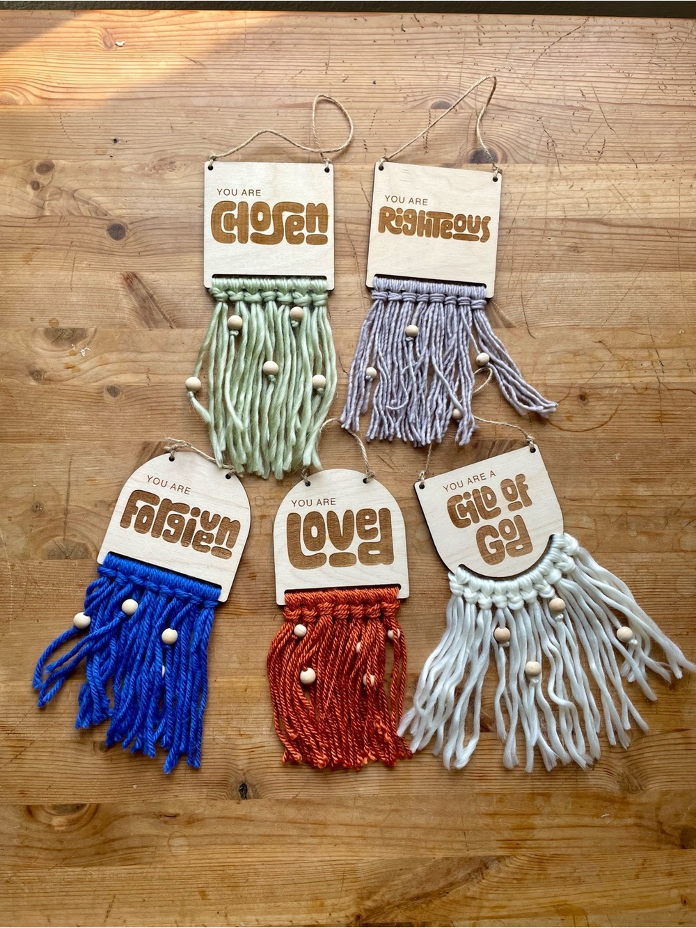 ETSY Handmade Kids Wood Diffusers‎ Wall Weavings w/ Fiber Fringe & Bible Inspo